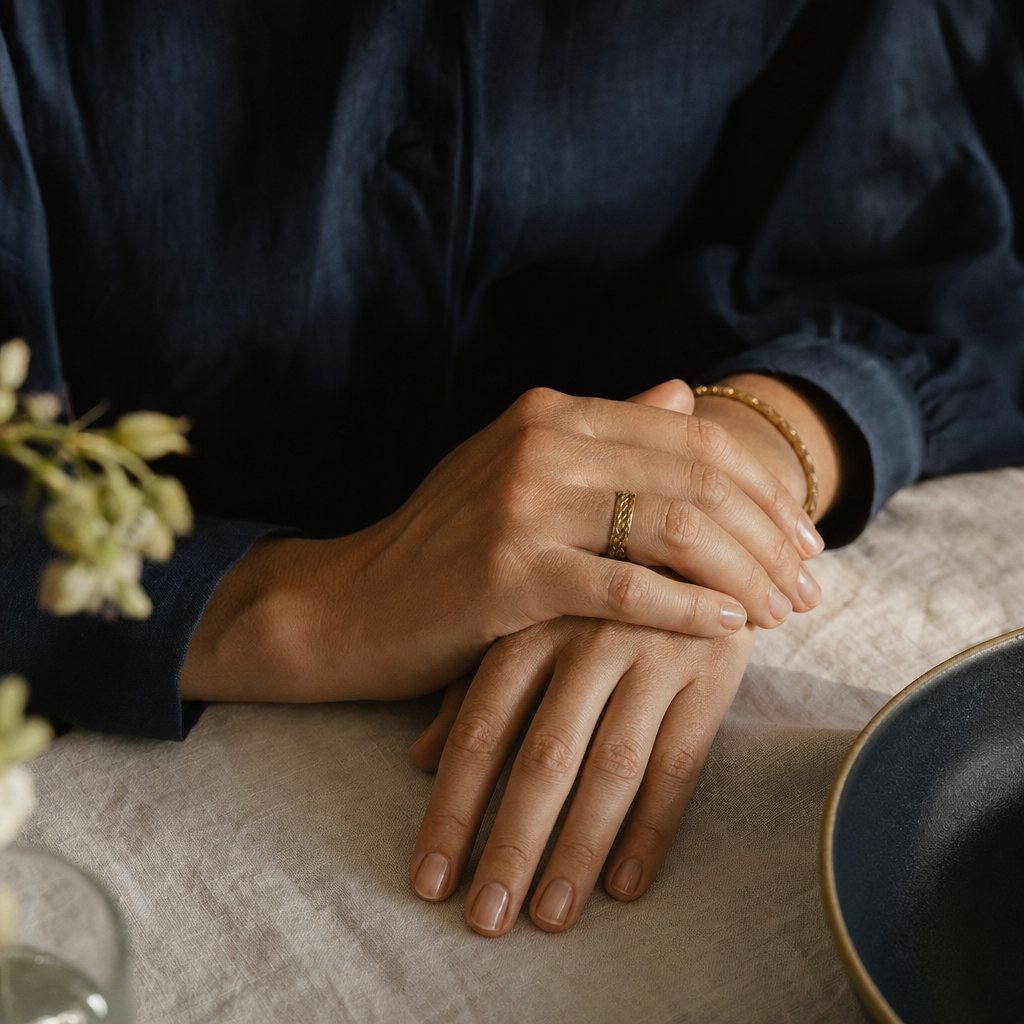 A pair of relaxed hands resting one over the other on a pale linen tablecloth in warm side light