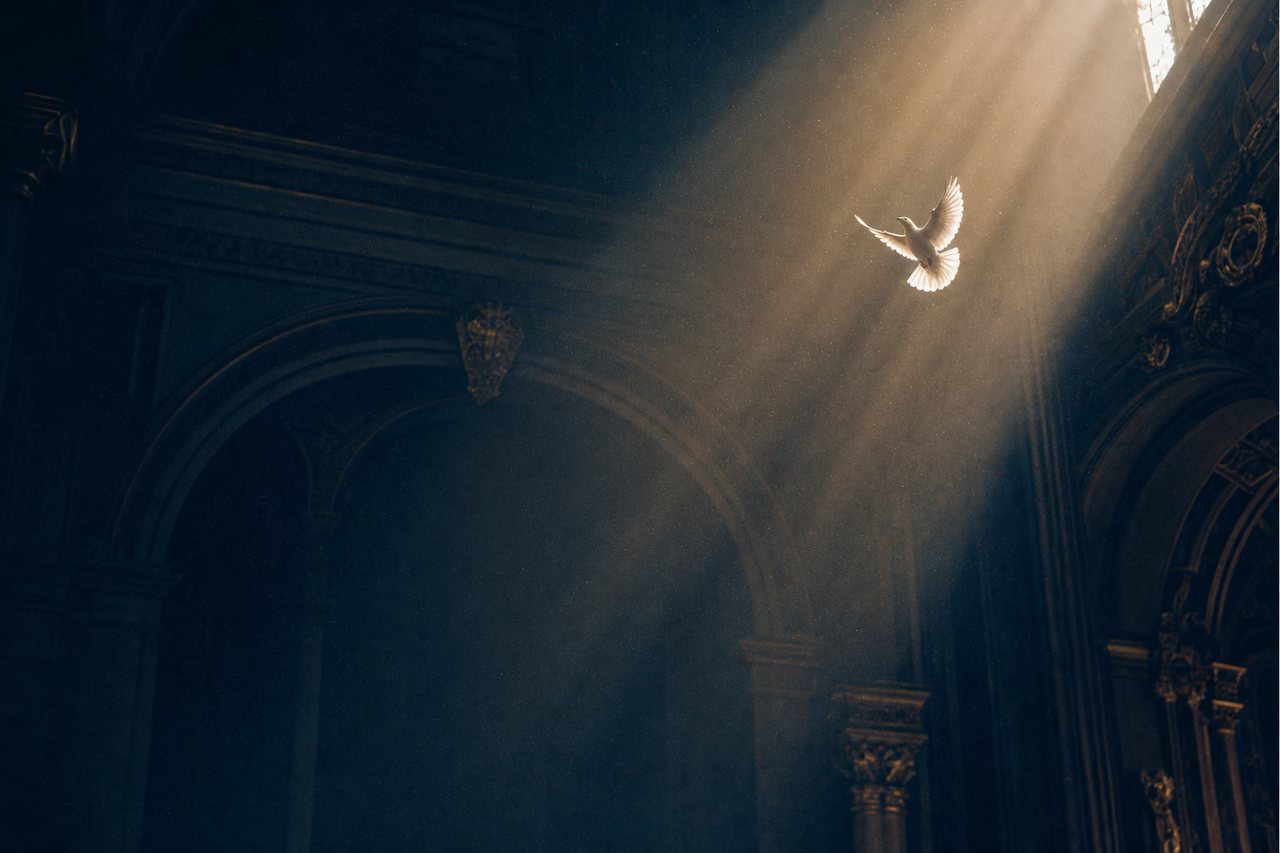 A white dove rising through shafts of warm gold light inside a vast, dim interior