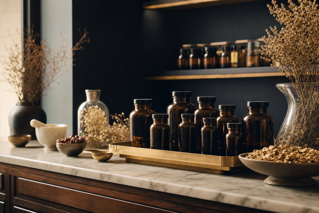 A row of unlabelled amber glass supplement bottles and dried botanicals on pale marble