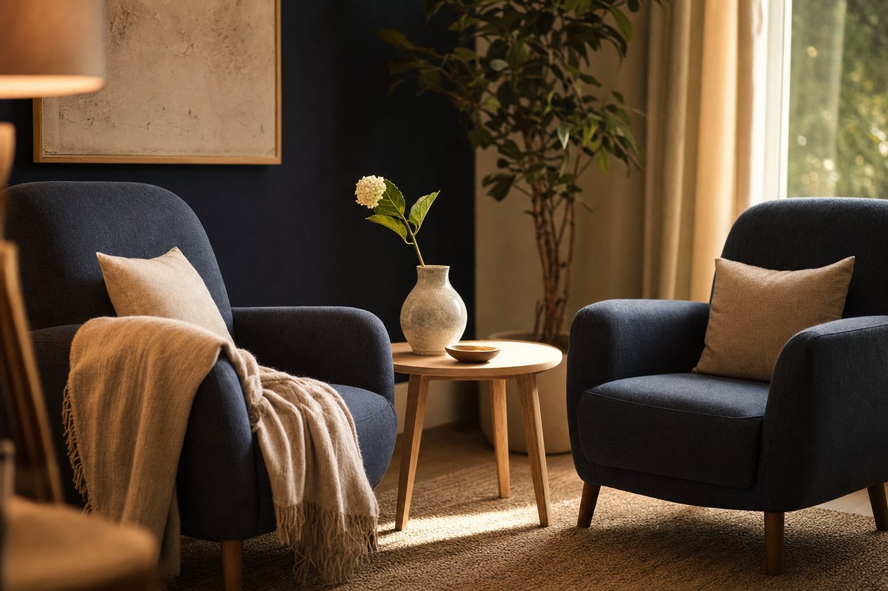 Two upholstered chairs angled toward one another across a small round table in soft window light