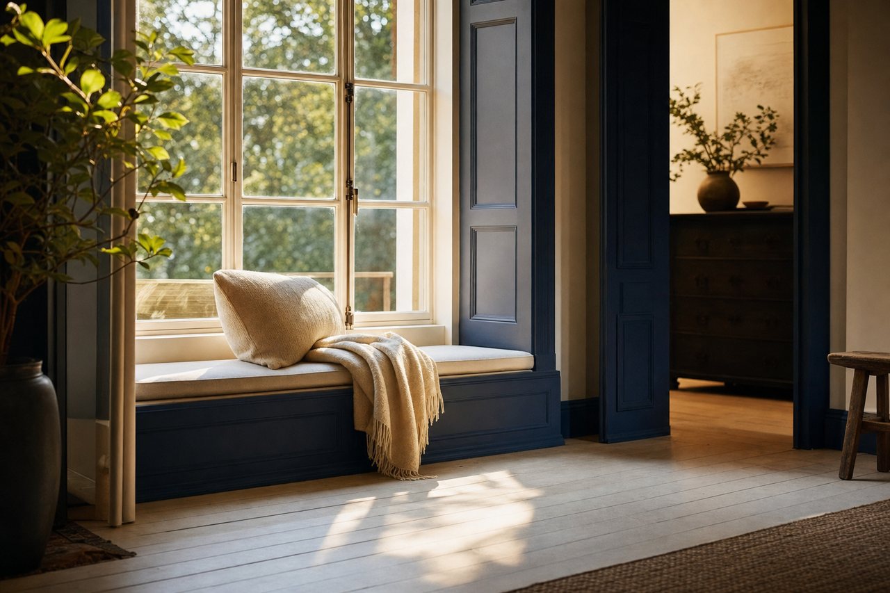 A window seat with a folded cream throw and warm morning light pouring across pale floorboards