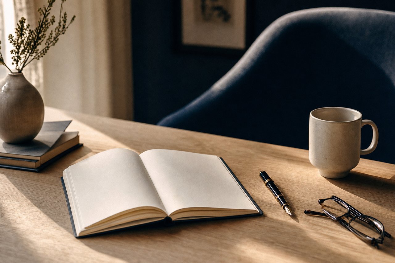 A calm desk in morning light with an open notebook, a fountain pen and folded reading glasses