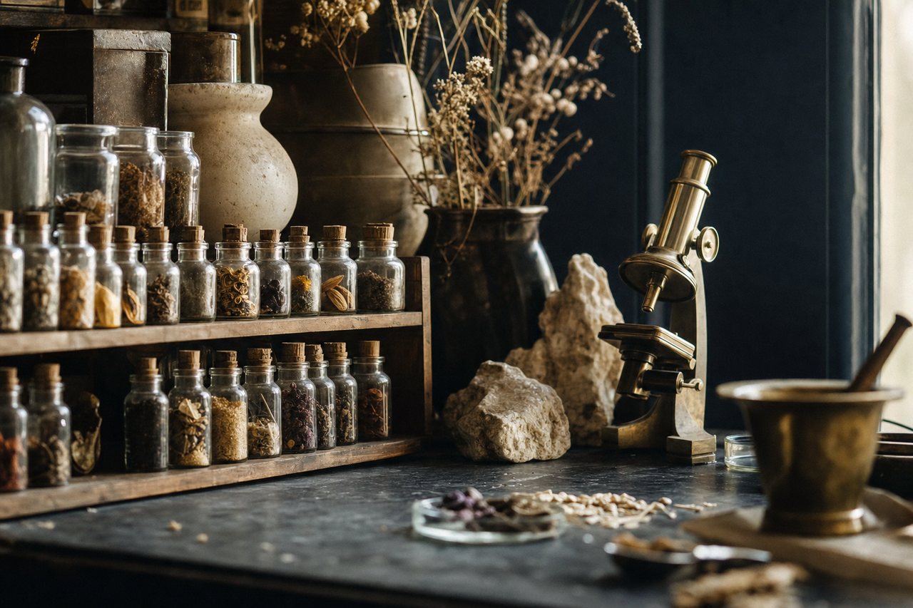 A laboratory and apothecary work surface in warm light with glass vials, dried botanicals and a brass instrument