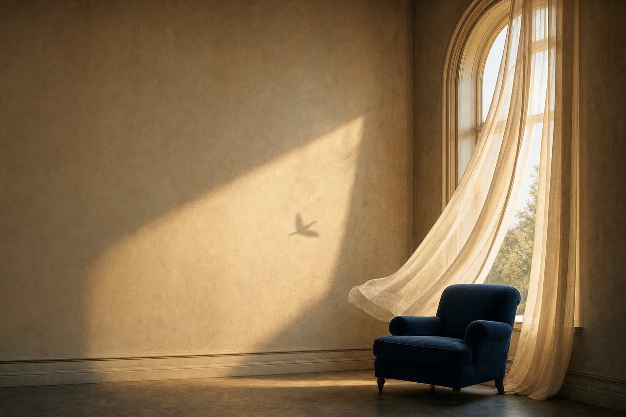 Morning light falling through a tall arched window across a quiet room, with the soft shadow of a bird crossing the wall