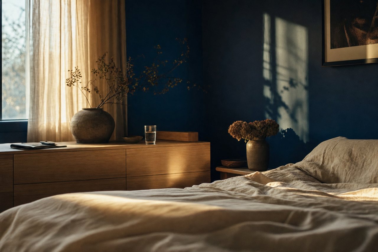Warm late light across a serene bedroom with cream linen and a glowing sheer curtain