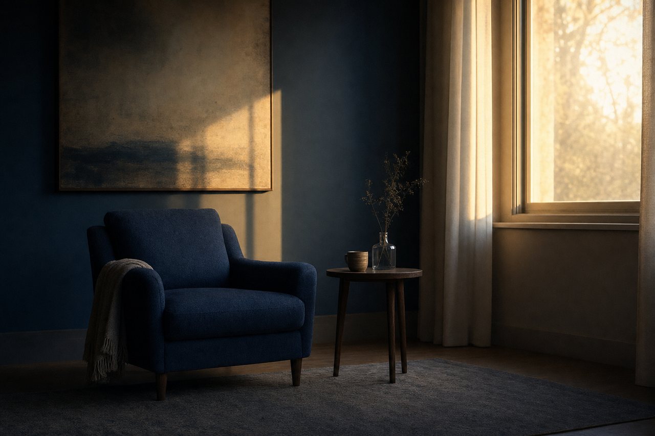 Early morning light warming a quiet room with a single armchair and a small side table