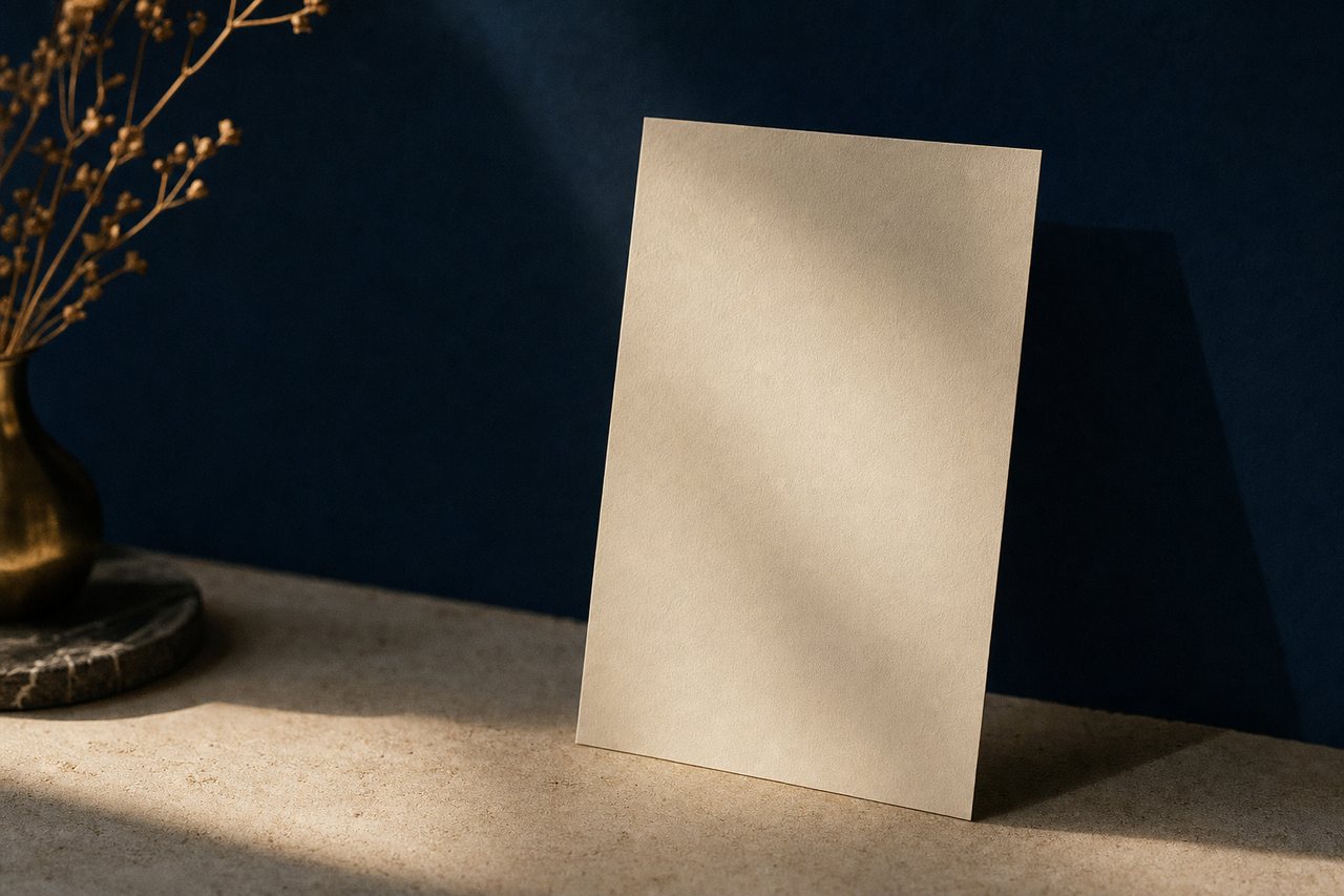A single sheet of heavy cream paper on pale stone in raked side light