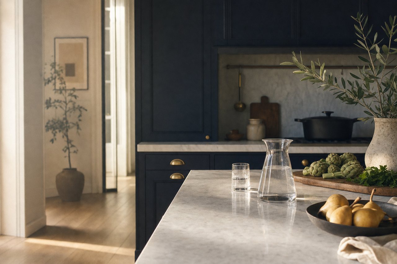 A bright modern kitchen at morning with a pale marble island, glass water carafe and fresh produce