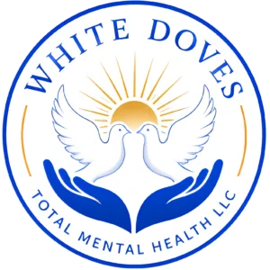 White Doves Total Mental Health and Wellness emblem: two doves rising from cupped hands beneath a sunrise