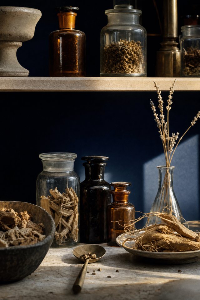 A modern apothecary shelf with amber glass vessels, dried botanicals and a brass spoon on pale stone