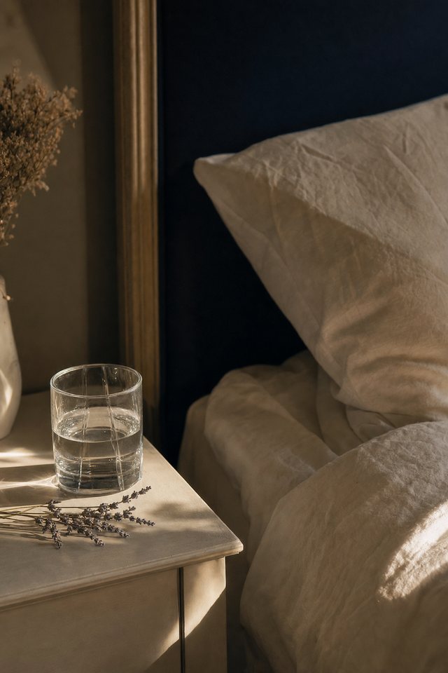Late golden light across cream linen bedding and a glass of water on a pale bedside table
