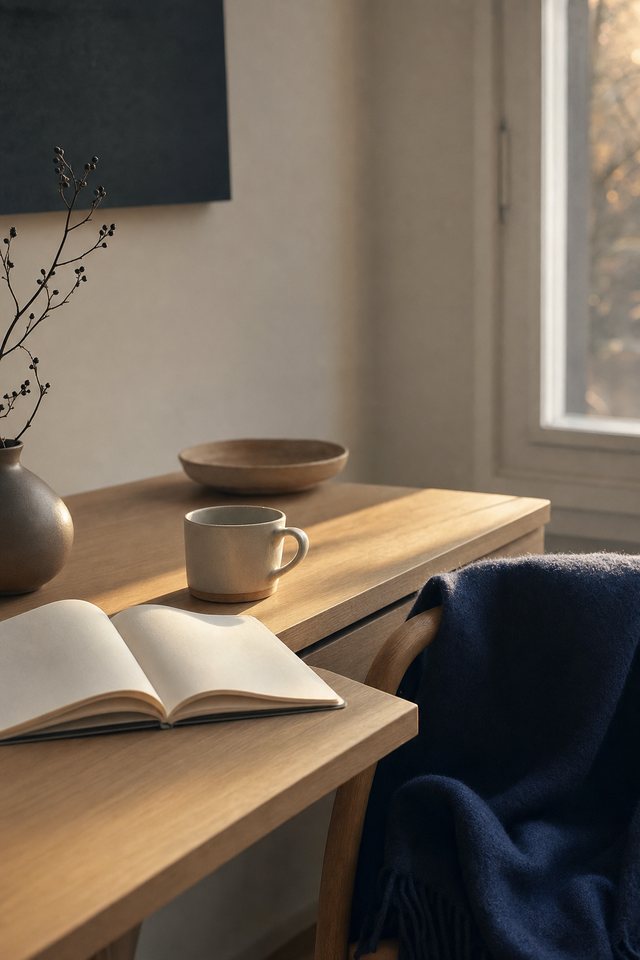 A quiet study corner at dawn with an open notebook and a folded navy wool throw