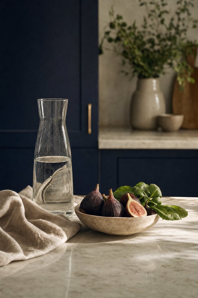 A pale marble kitchen counter in morning light with a glass carafe of water and fresh produce